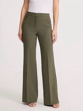 Express Editor Flare Trouser High Rise, Olive Green Pinstripe Wide-Leg Pants, 14